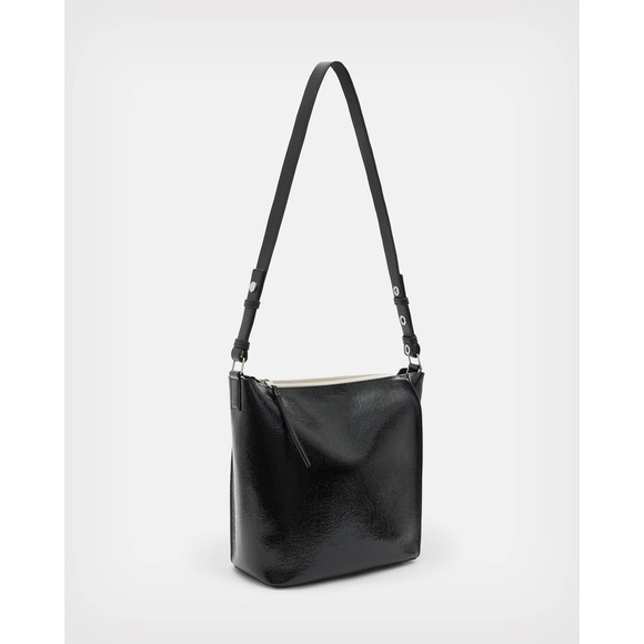 AllSaints Leather Convertible Crossbody Bag NWT Black Shine - Picture 3 of 7